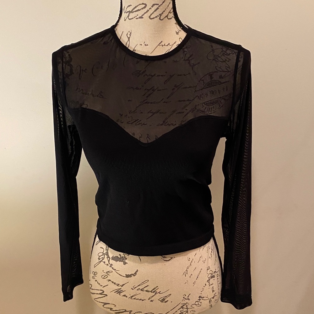 Fashion Nova Black Sweetheart Mesh Long Sleeve Crop Top